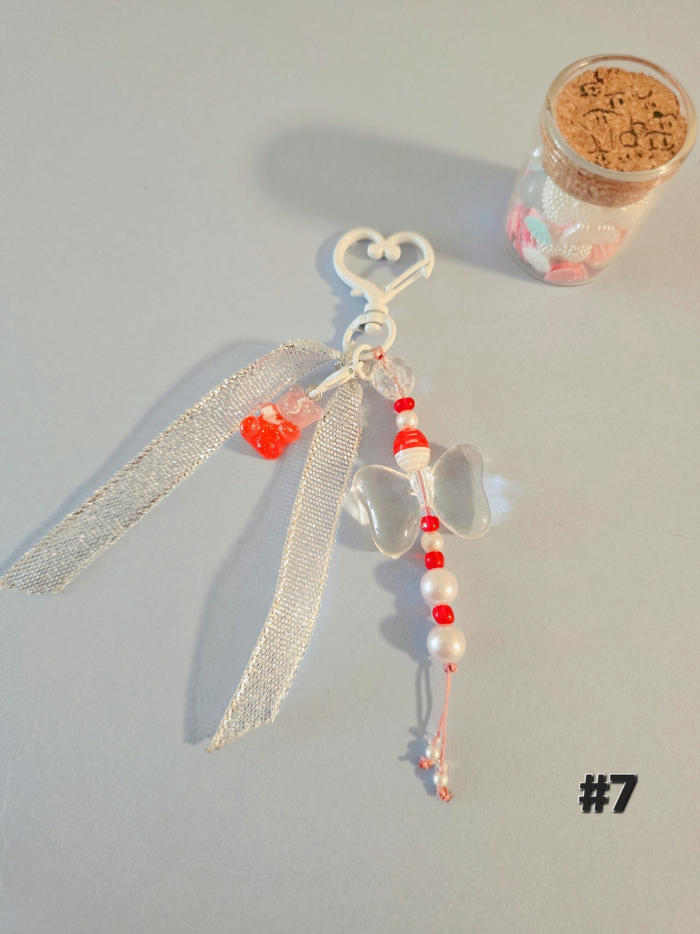 Heart Clip Keychain with Clear Butterfly Beads and Red Accents